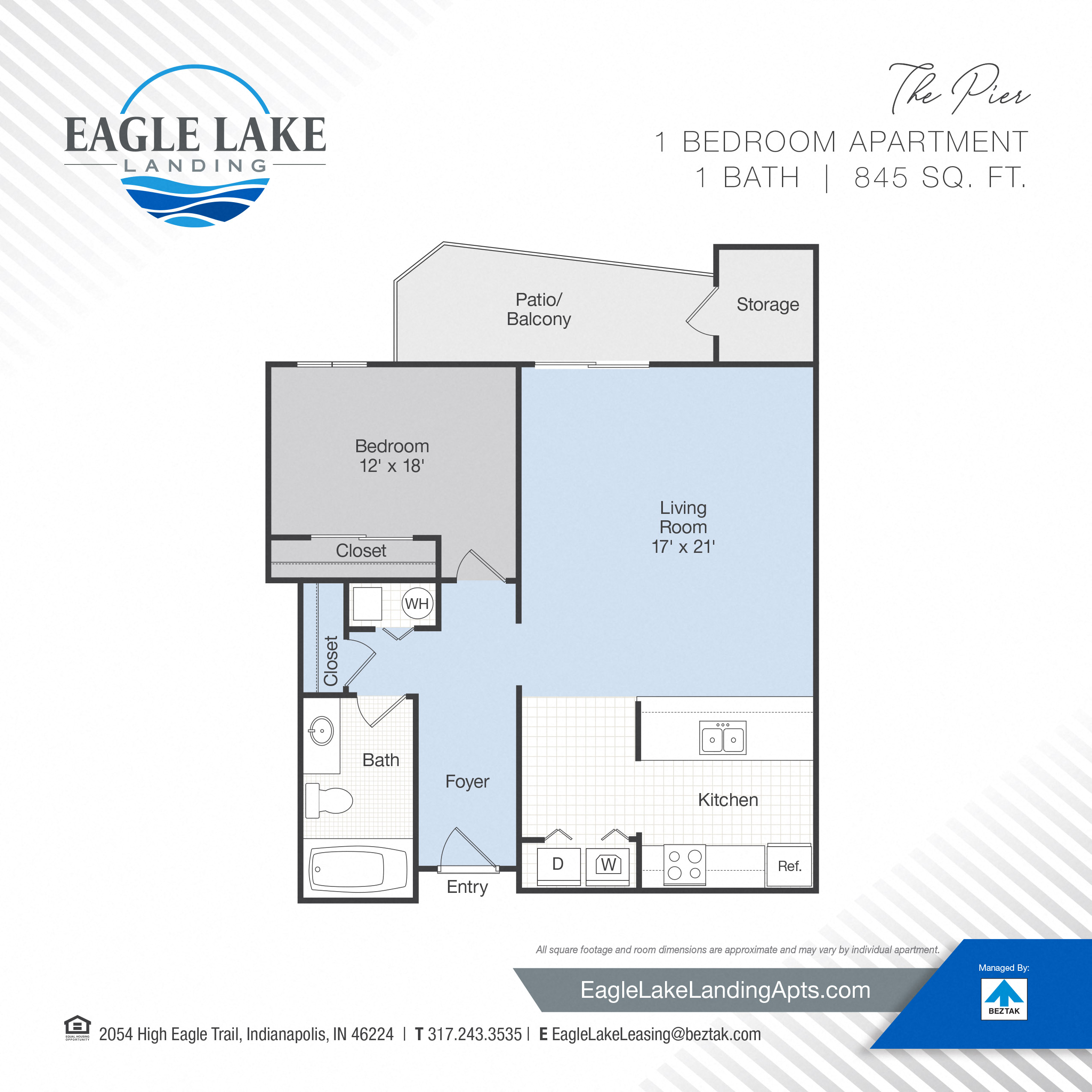 Floor plan for 1 bed, 1 bath, 845 sqft